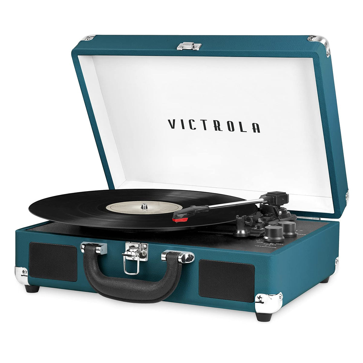 Victrola Journey blue coral suitcase design with portable built-in speakers for on-the-go listening.