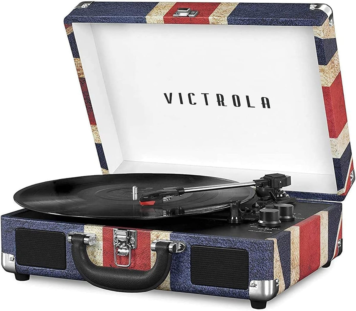Victrola closed suitcase front view showing compact portability and retro style