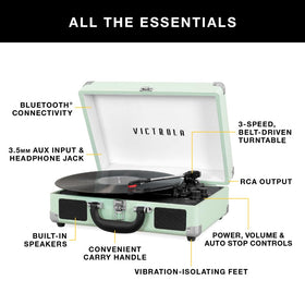 Victrola Journey closed suitcase in turquoise with handle, portable for easy transport