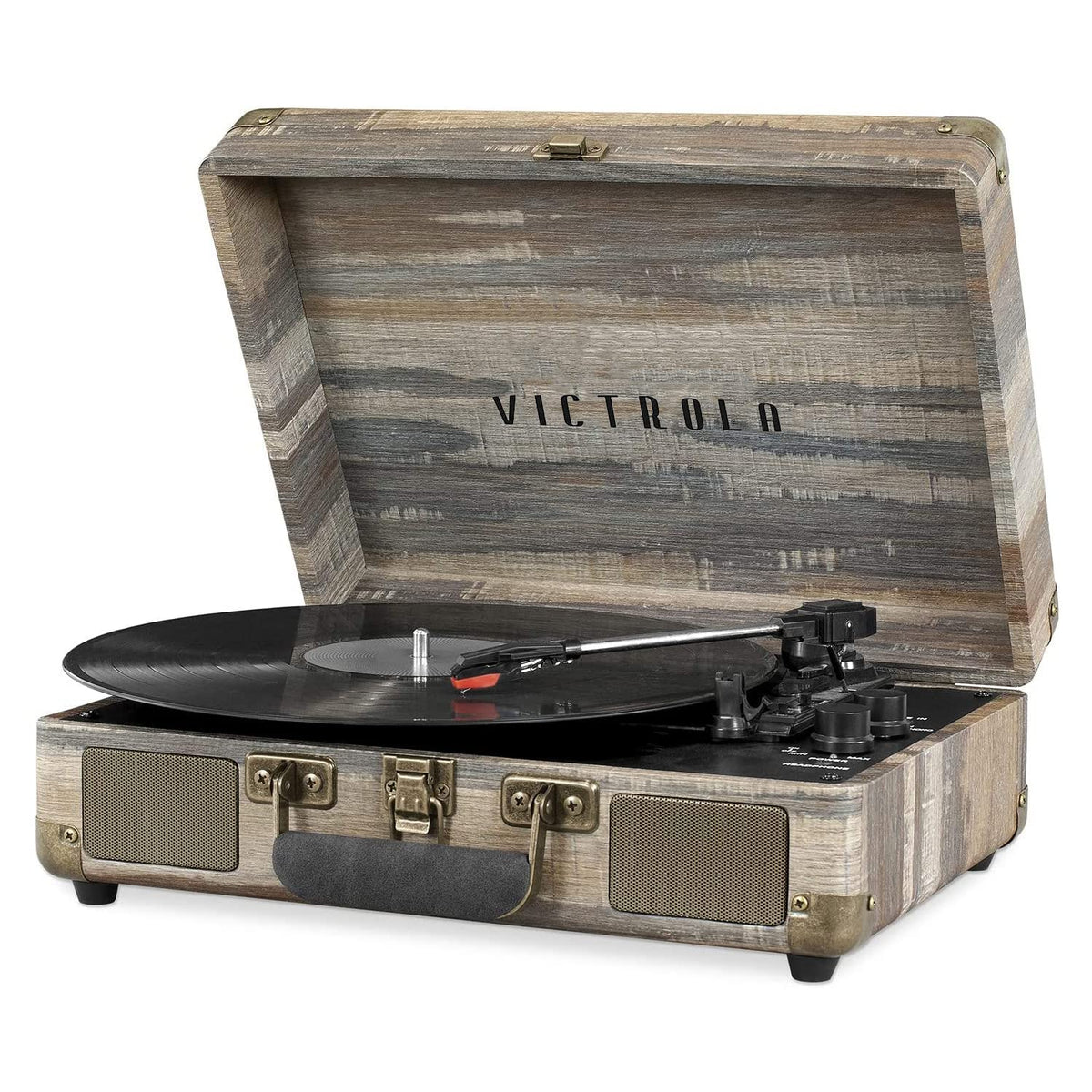 Victrola Journey front-closed suitcase showing portable handle and vintage styling benefit portability