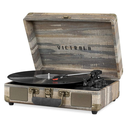 Victrola Journey front-closed suitcase showing portable handle and vintage styling benefit portability