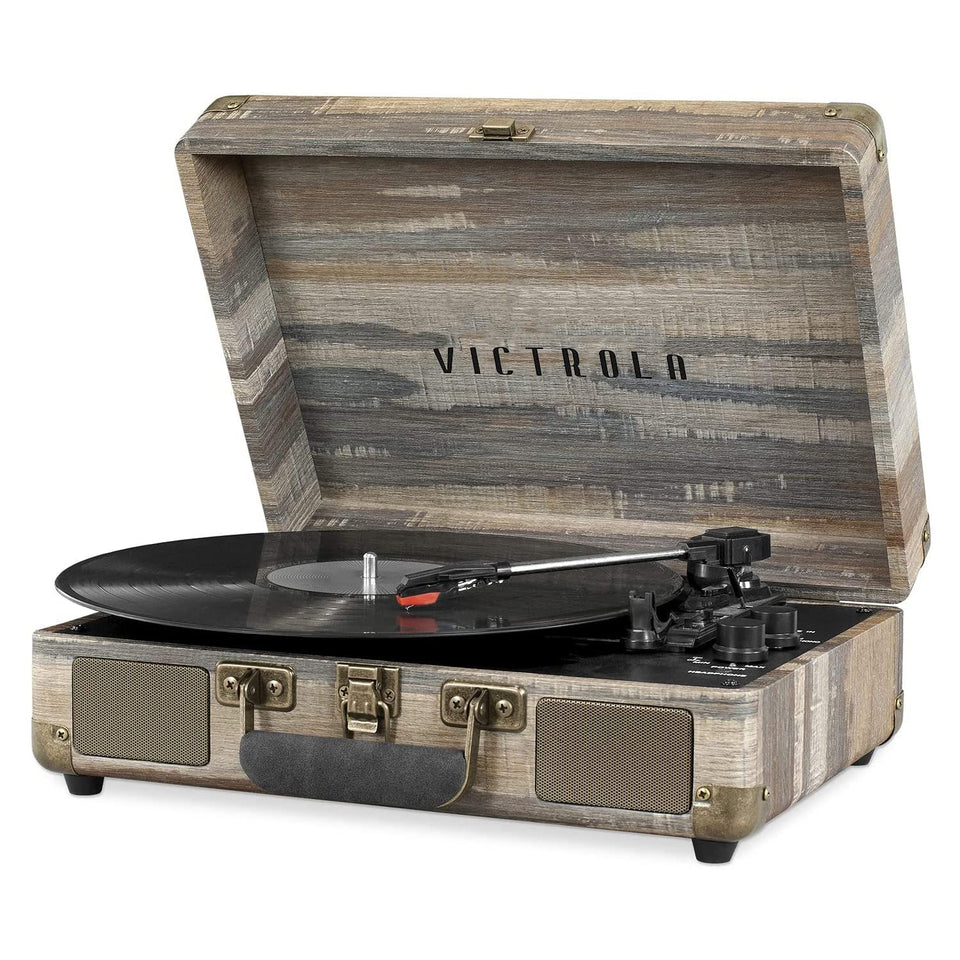 Victrola Journey front-closed suitcase showing portable handle and vintage styling benefit portability