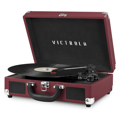 Victrola front view marsala case showcasing portable vintage style and easy transport