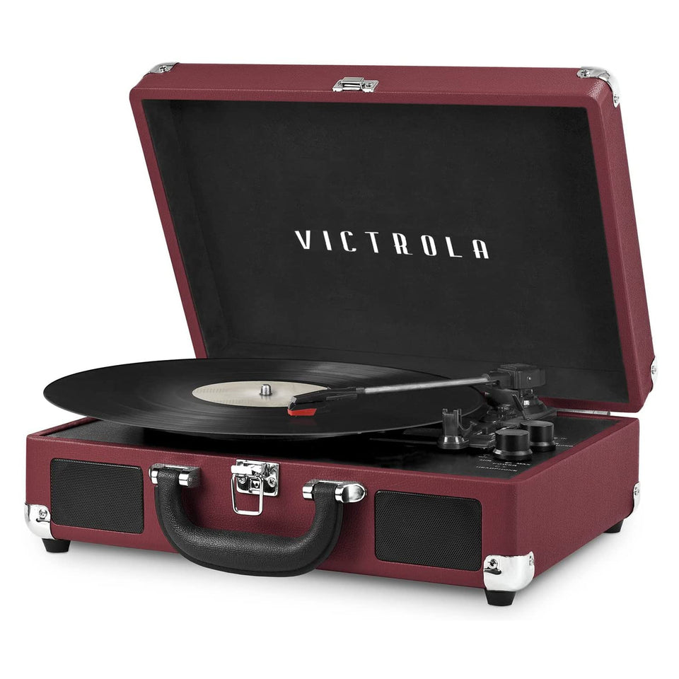 Victrola front view marsala case showcasing portable vintage style and easy transport