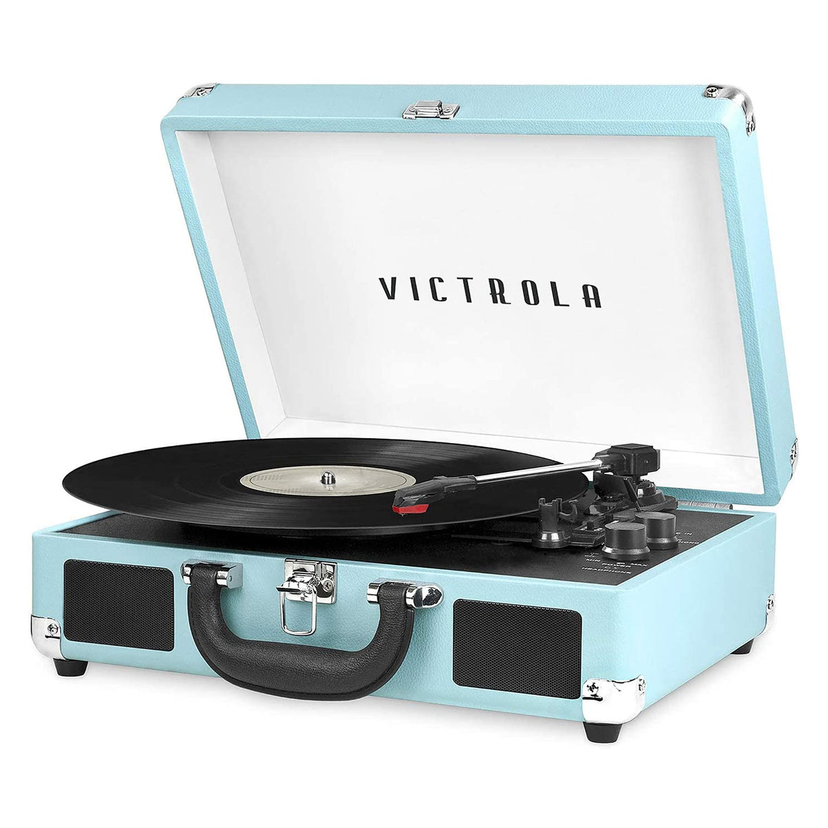 Victrola Journey front open showing turntable and speakers, perfect for instant playback
