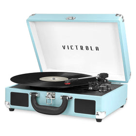 Victrola Journey front open showing turntable and speakers, perfect for instant playback