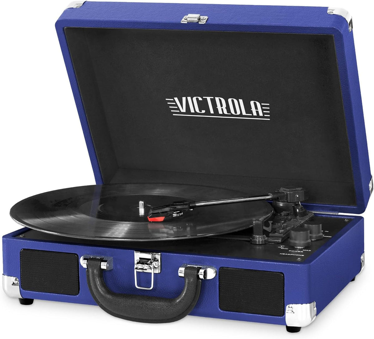 Victrola Journey front view in cobalt blue showing portable design and retro appeal