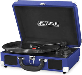 Victrola Journey front view in cobalt blue showing portable design and retro appeal