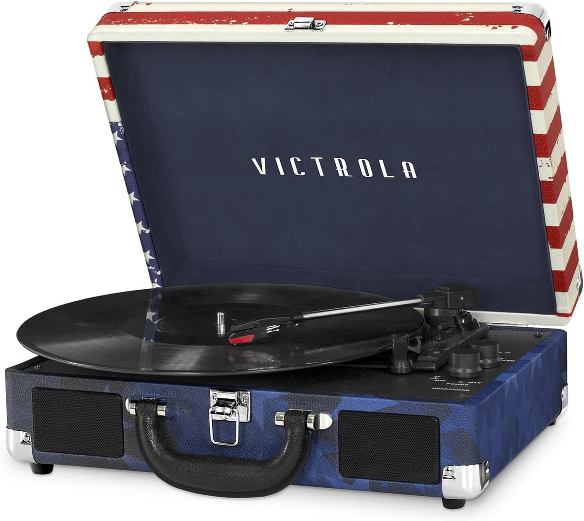 Victrola front view suitcase closed showing portable design and easy transport