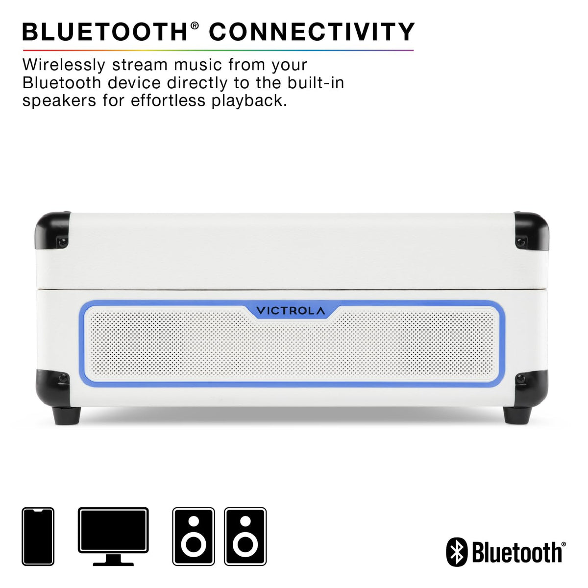 Victrola Journey Glow integrated bass port boosts low end clarity.