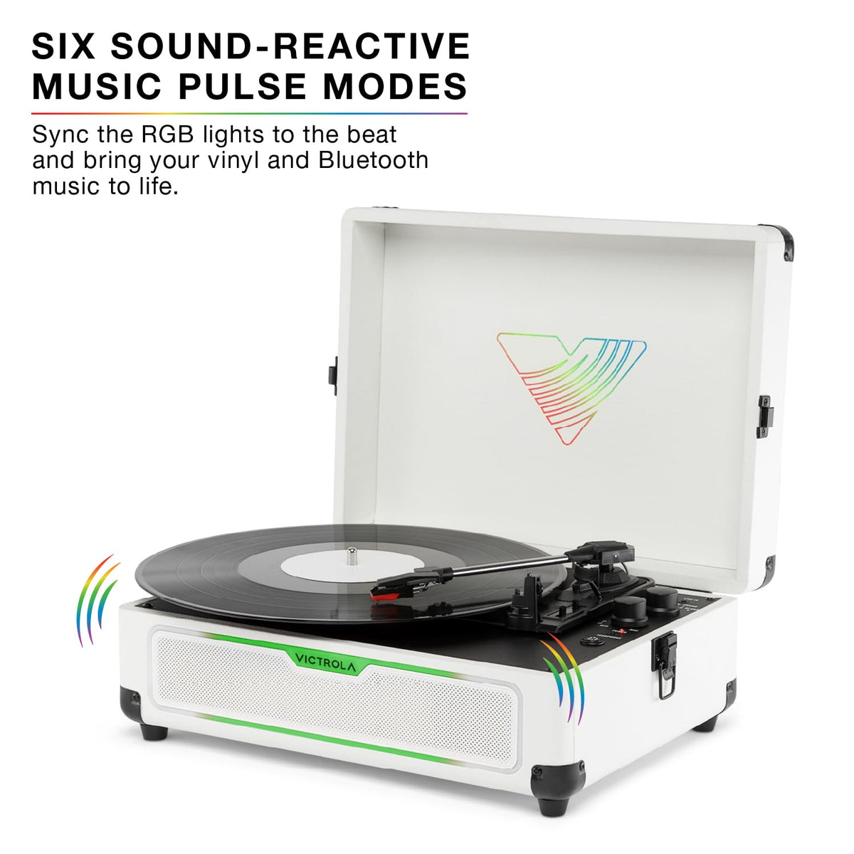 Victrola Journey Glow enhanced bass delivers fuller sound in small spaces.