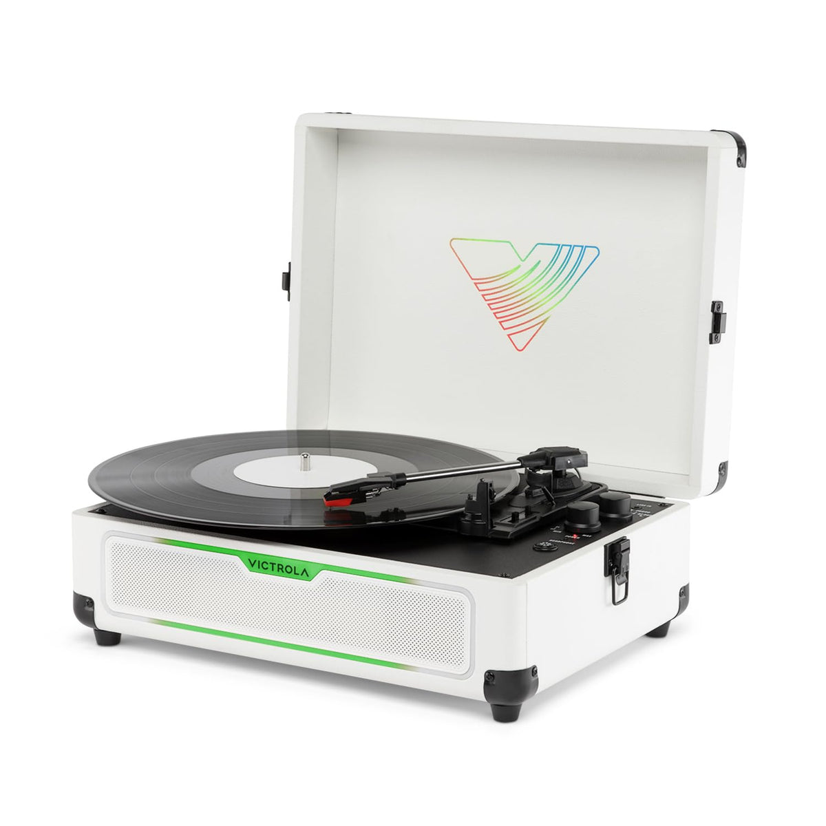 Victrola Journey Glow light ring with 18 RGB modes enhances room ambiance.