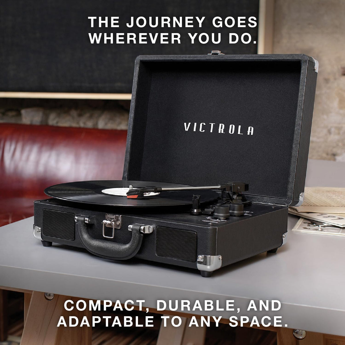 Victrola Journey Green Olive three-speed selector highlighted for vinyl variety.