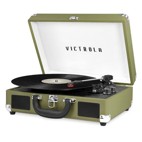 Victrola Journey Green Olive portable suitcase with carry handle for easy on-the-go listening.