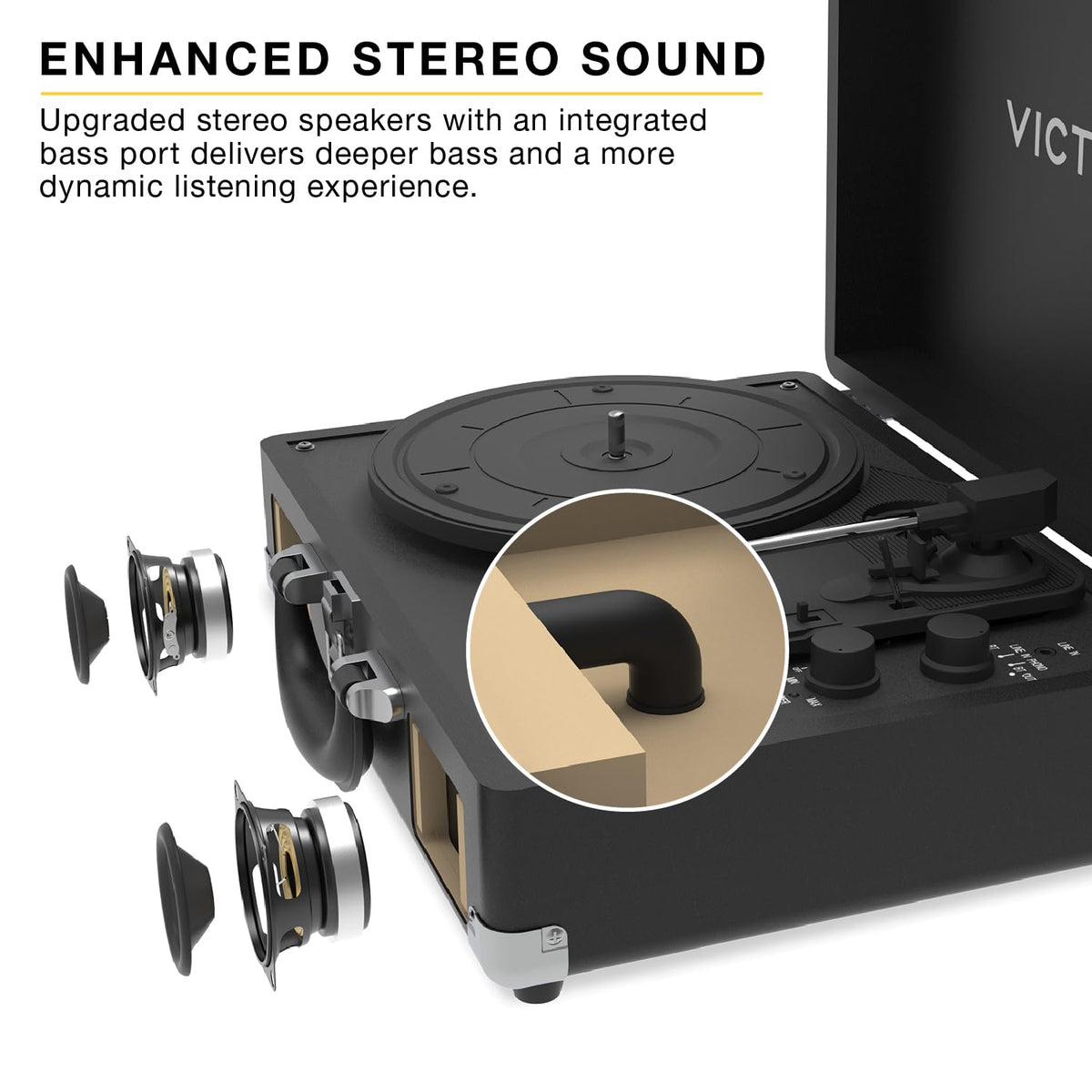 Victrola Journey II Bluetooth output enables wireless streaming to speakers or headphones.