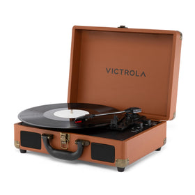 Victrola Journey II brown-casing close-up for portable listening on the go.