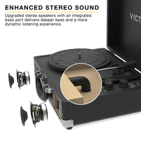Victrola Journey II built-in stereo speakers for fuller room-filling sound.