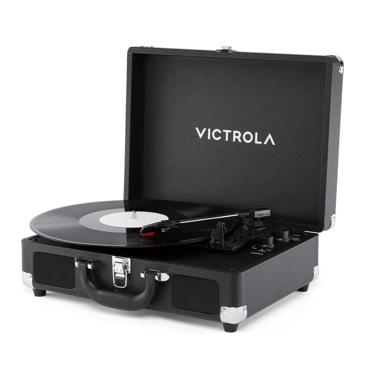 Victrola Journey II front view with built-in speakers for rich portable sound.