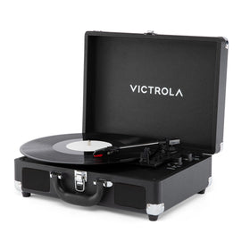 Victrola Journey II front view with built-in speakers for rich portable sound.