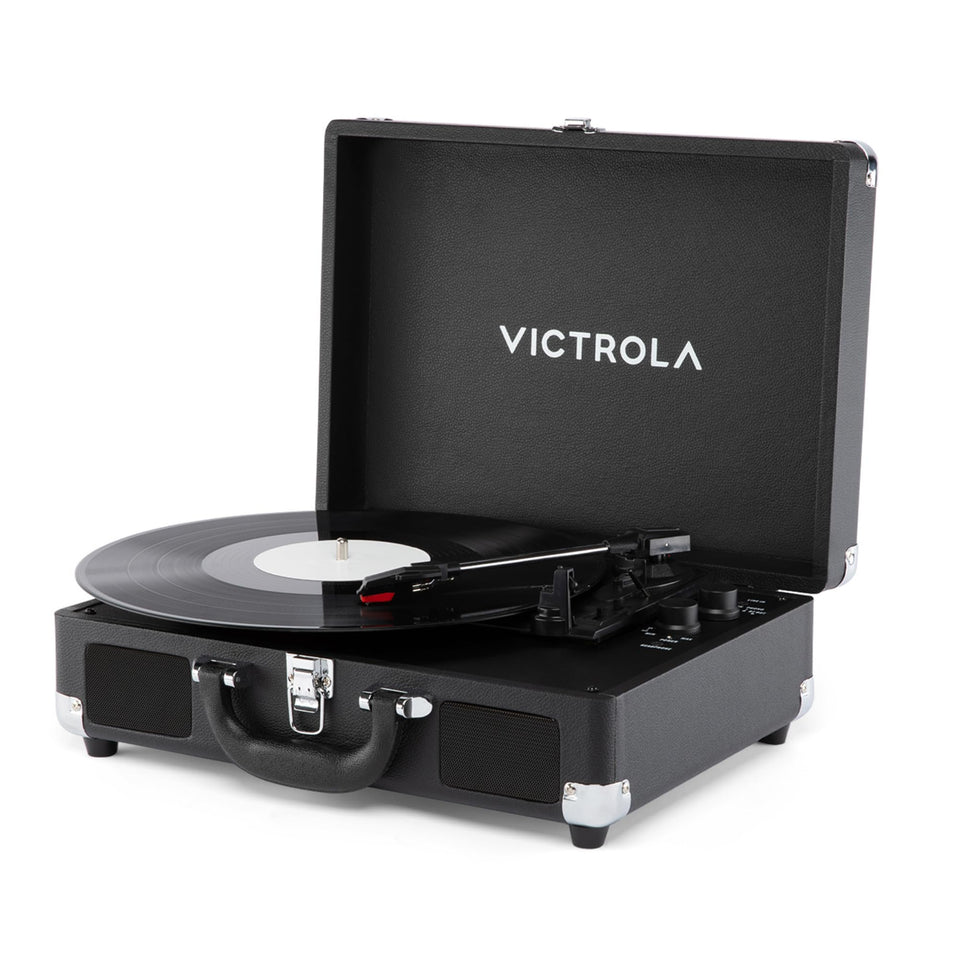 Victrola Journey II front view with built-in speakers for rich portable sound.