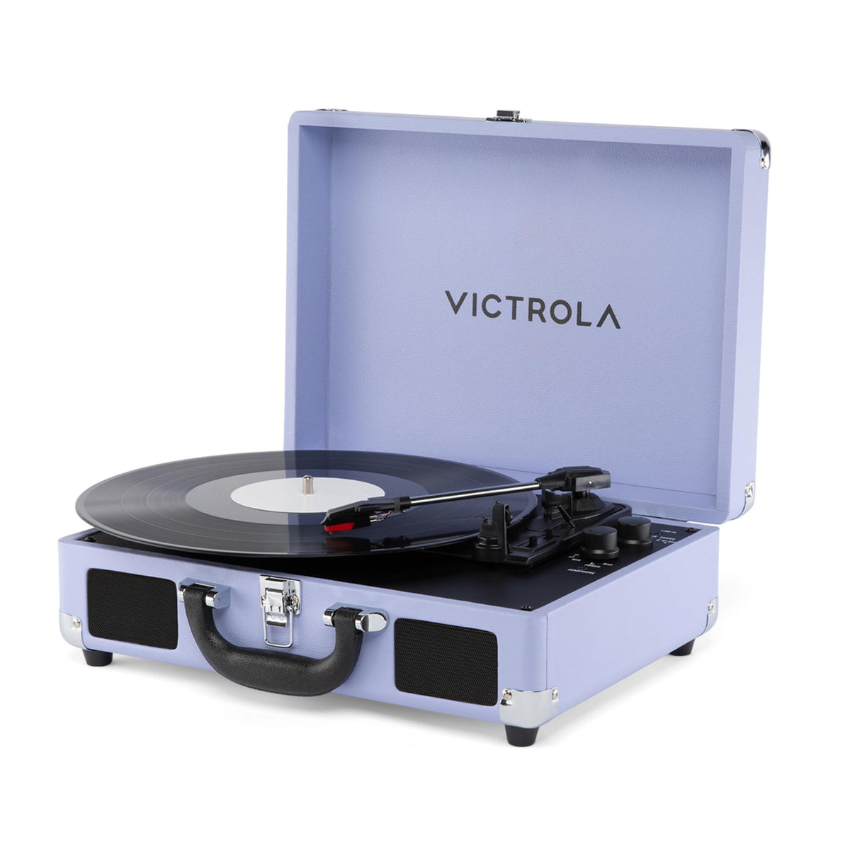 Victrola Journey II lavender front-view with built-in speakers for rich portable sound.