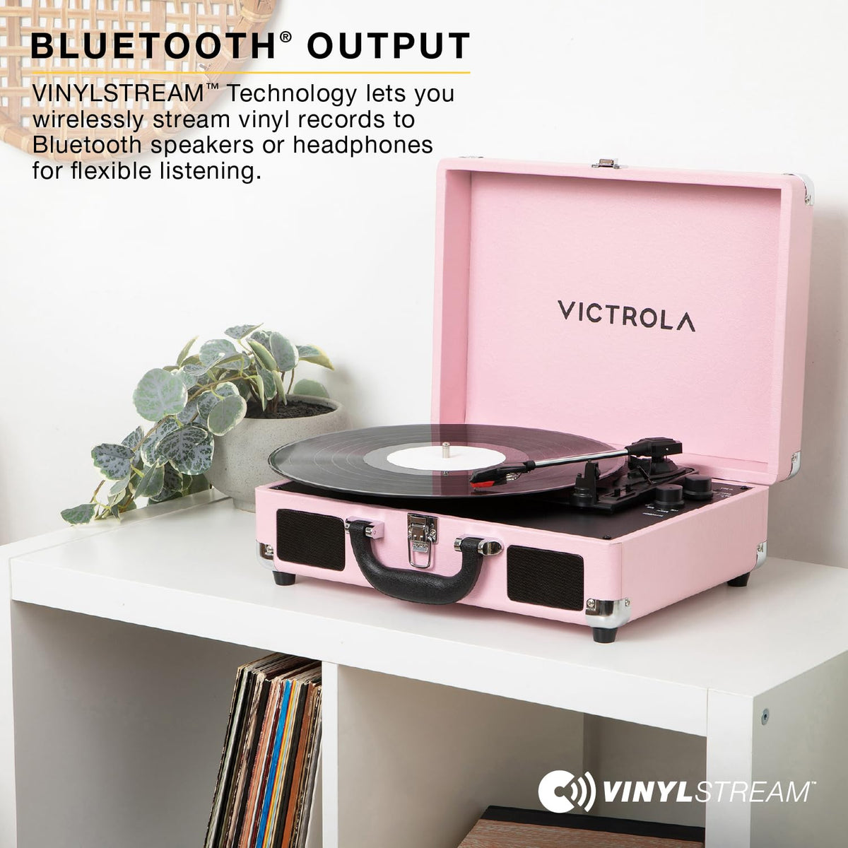 Victrola Journey II lavender open lid reveals turntable and storage.
