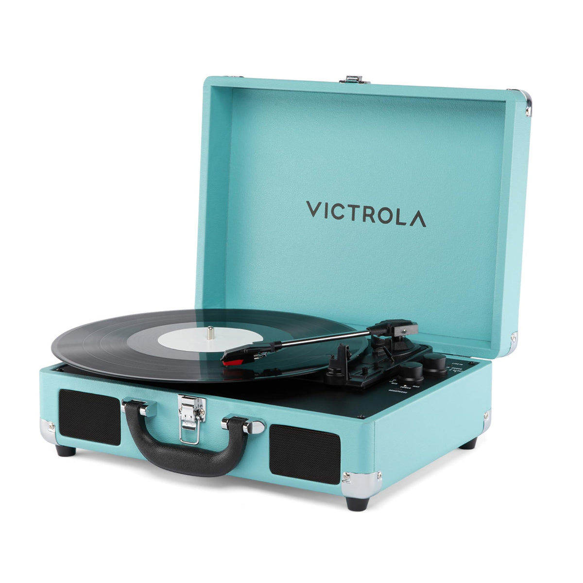 Victrola Journey II turquoise top view highlights portable design for on-the-go listening