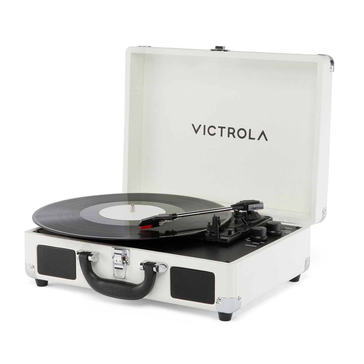 Victrola Journey II white suitcase front view, portable vinyl setup for on-the-go listening.