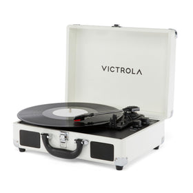Victrola Journey II white suitcase front view, portable vinyl setup for on-the-go listening.
