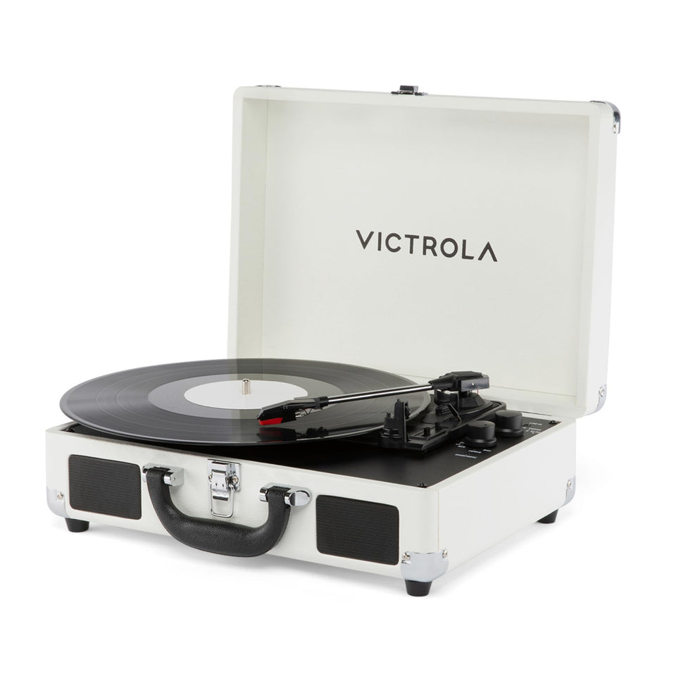 Victrola Journey II white suitcase front view, portable vinyl setup for on-the-go listening.