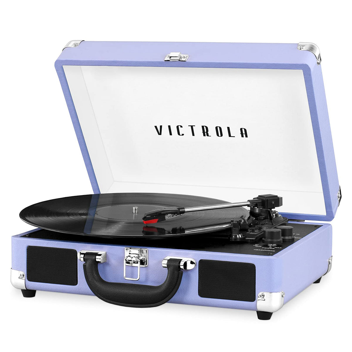 Victrola Journey lavender-silver suitcase design for on-the-go listening