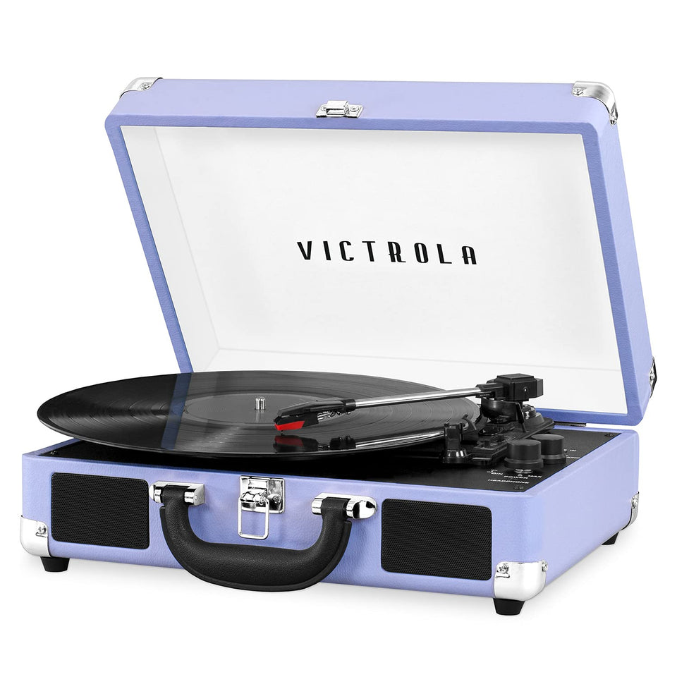 Victrola Journey lavender-silver suitcase design for on-the-go listening