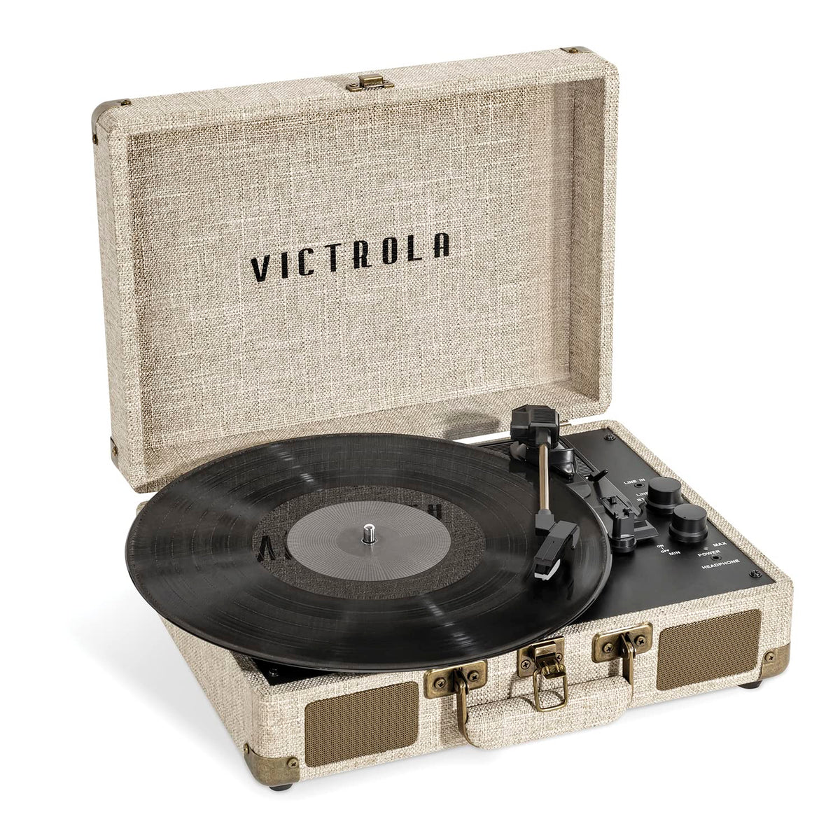 Victrola Journey+ Signature linen cream finish on a portable suitcase turntable, adding vintage style.