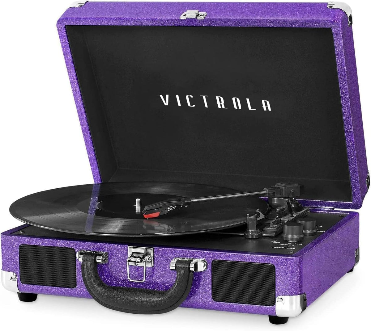 Victrola Journey purple glitter suitcase shown as portable retro listening