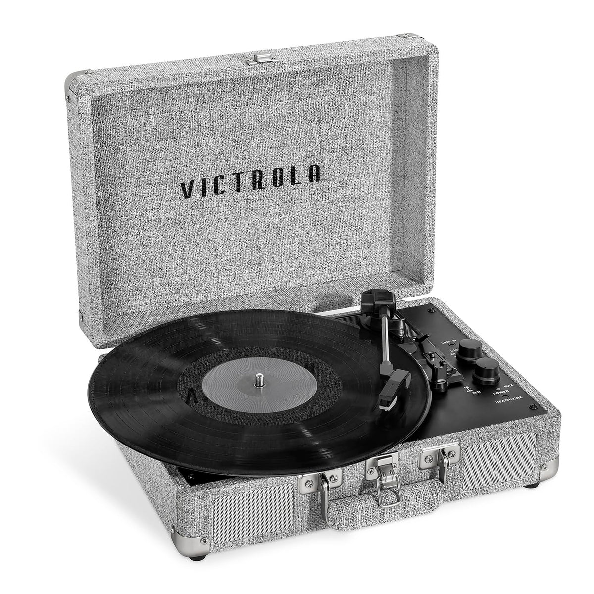 Victrola Journey+ closed suitcase front showing portable design and secure latch benefit