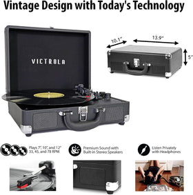 Victrola Journey+ control panel and ports showing Bluetooth, aux and RCA connectivity benefit