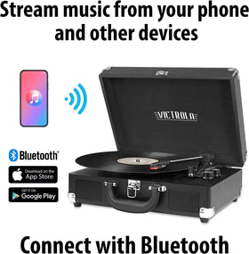 Victrola Journey+ open with spinning record showing playback and built-in speakers benefit