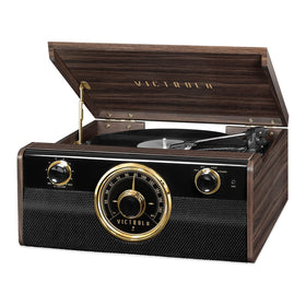 Victrola Metropolitan espresso front view, ideal for vinyl playback and streaming in your living space.