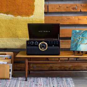 Victrola Metropolitan espresso top panel detail highlighting retro design and modern controls.