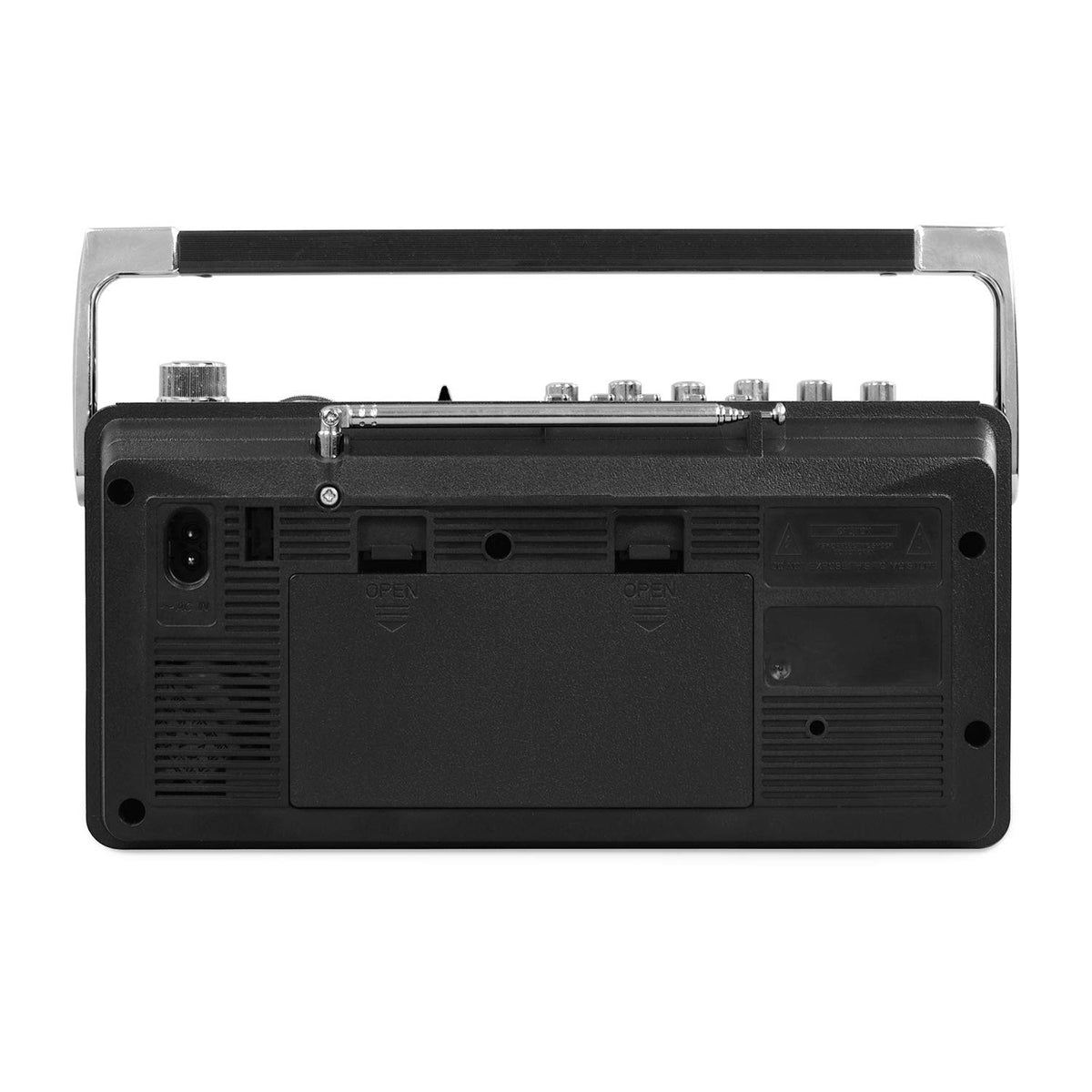 Victrola mini Bluetooth boombox on desk for casual listening anywhere.