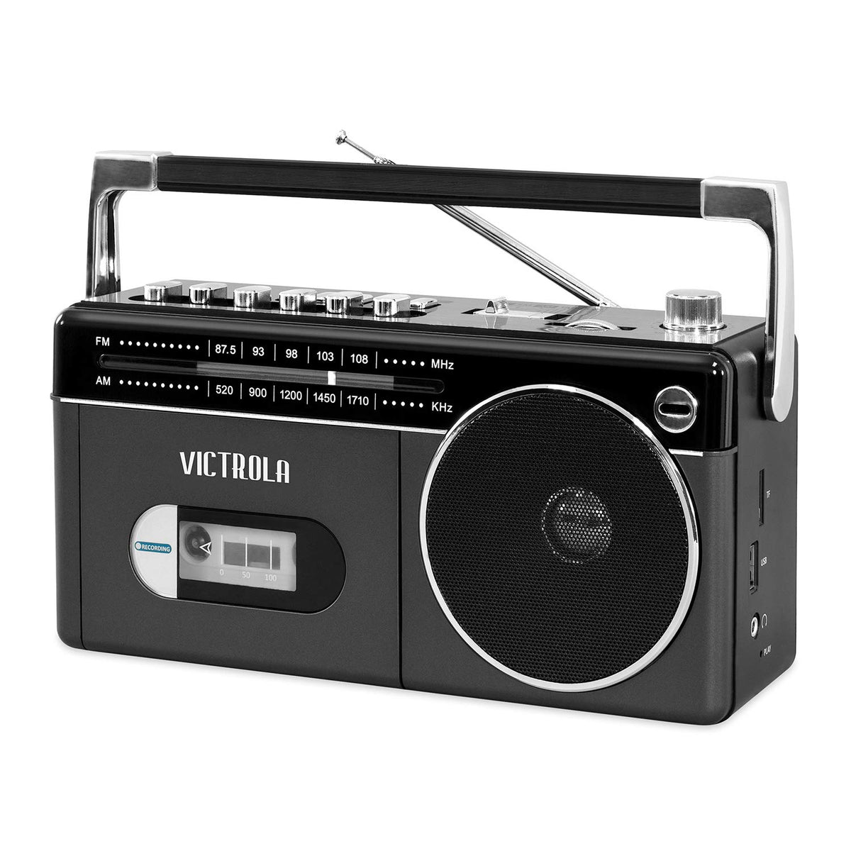 Victrola mini Bluetooth boombox front view with cassette deck for wireless streaming.