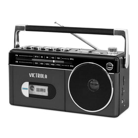 Victrola mini Bluetooth boombox front view with cassette deck for wireless streaming.