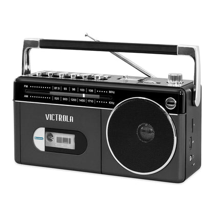 Victrola mini Bluetooth boombox front view with cassette deck for wireless streaming.