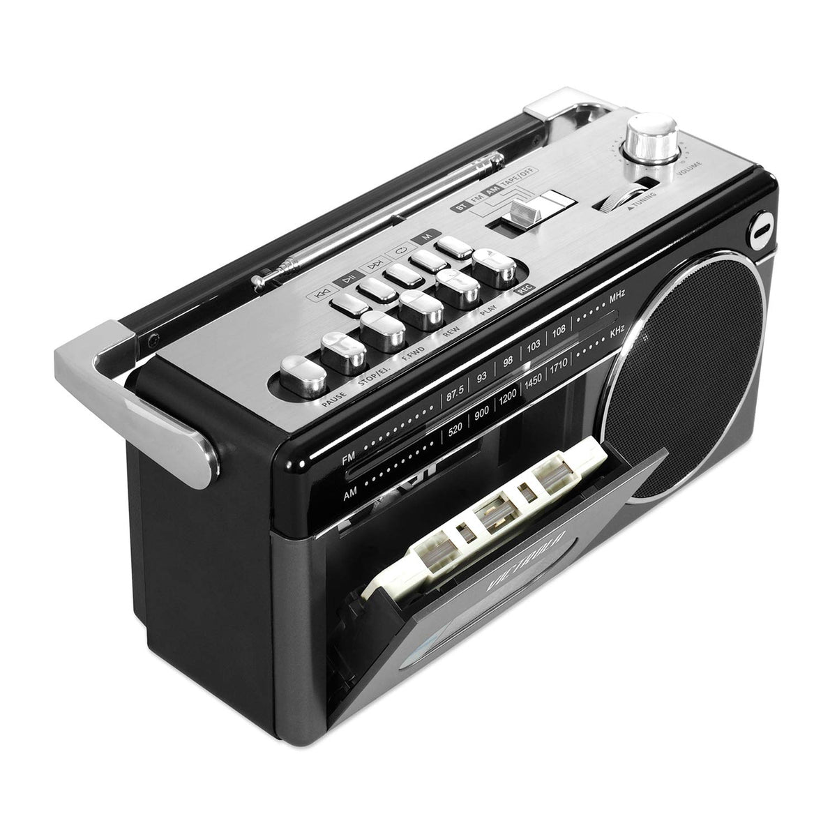 Victrola mini Bluetooth boombox rear view showing battery or AC power options.