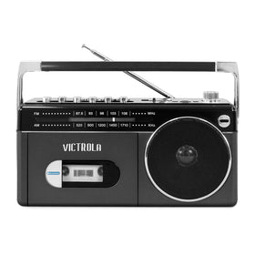 Victrola mini Bluetooth boombox side view highlighting USB MP3 port for quick playback.