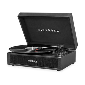 Victrola Parker front view showing suitcase design and built-in speakers for portable playback
