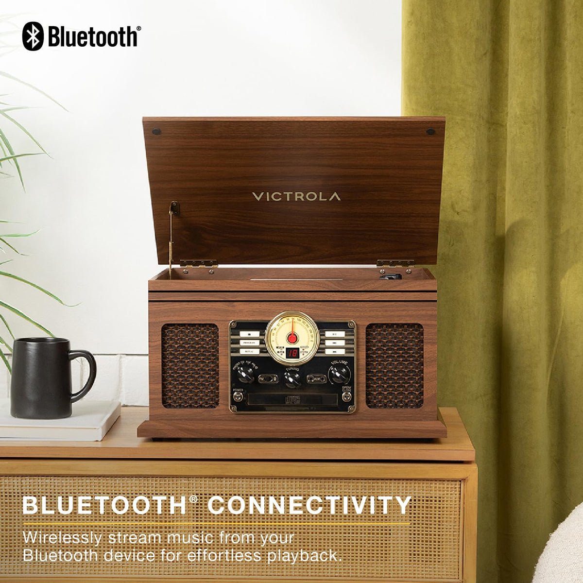 Three-speed belt-driven turntable ready for 33, 45, and 78 rpm records.
