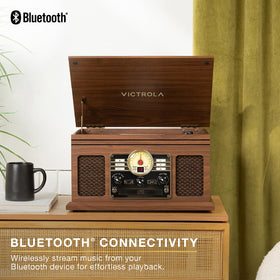 Three-speed belt-driven turntable ready for 33, 45, and 78 rpm records.
