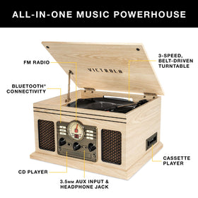 Victrola Quincy 3-speed turntable handles 33, 45, and 78 rpm for versatile vinyl sessions.