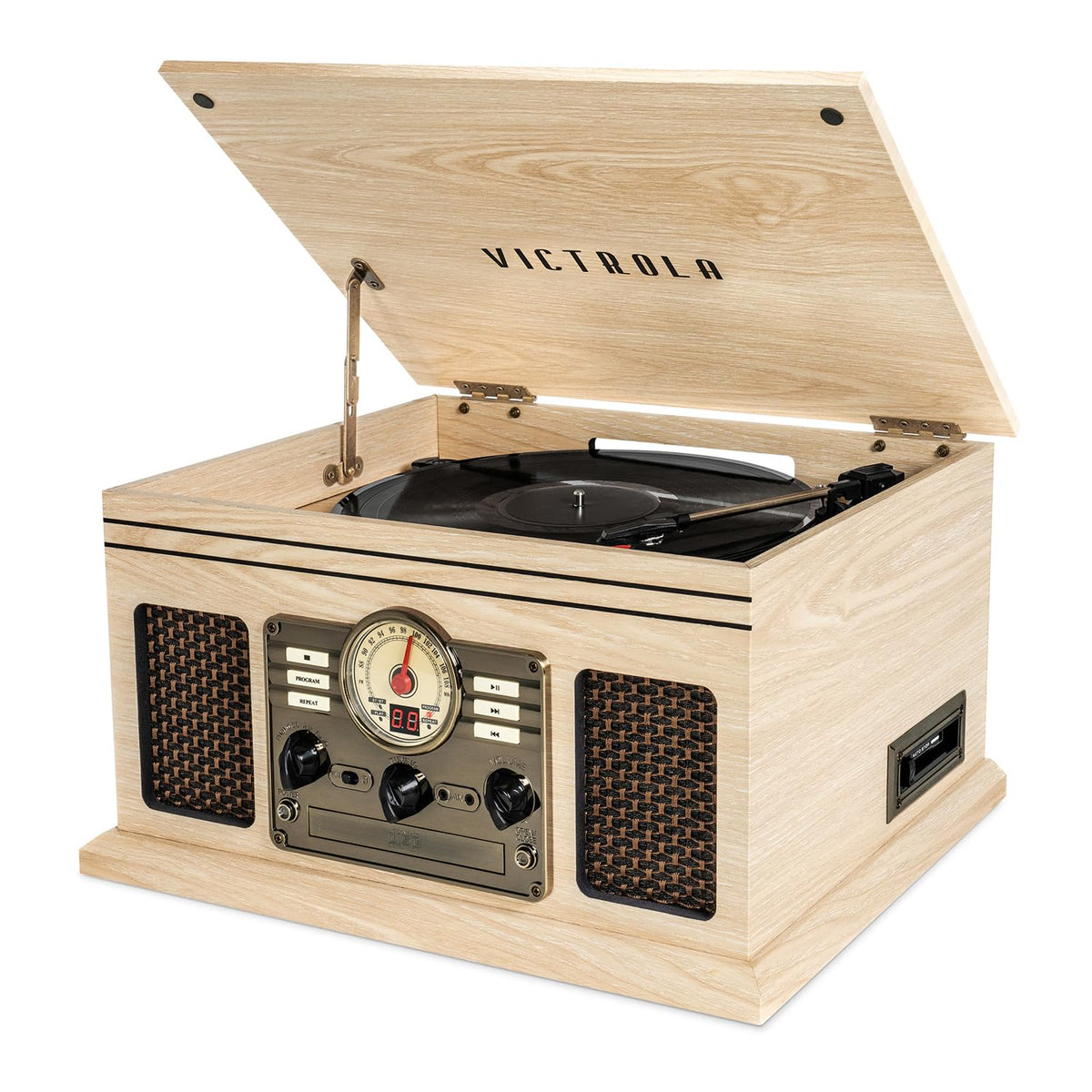 Victrola Quincy 6-in-1 entertainment center shown for versatile listening options in a living room.